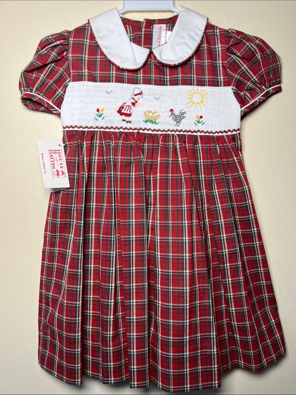 VTG 1990's Red Plaid Smocked Peter Pan Collar Dress